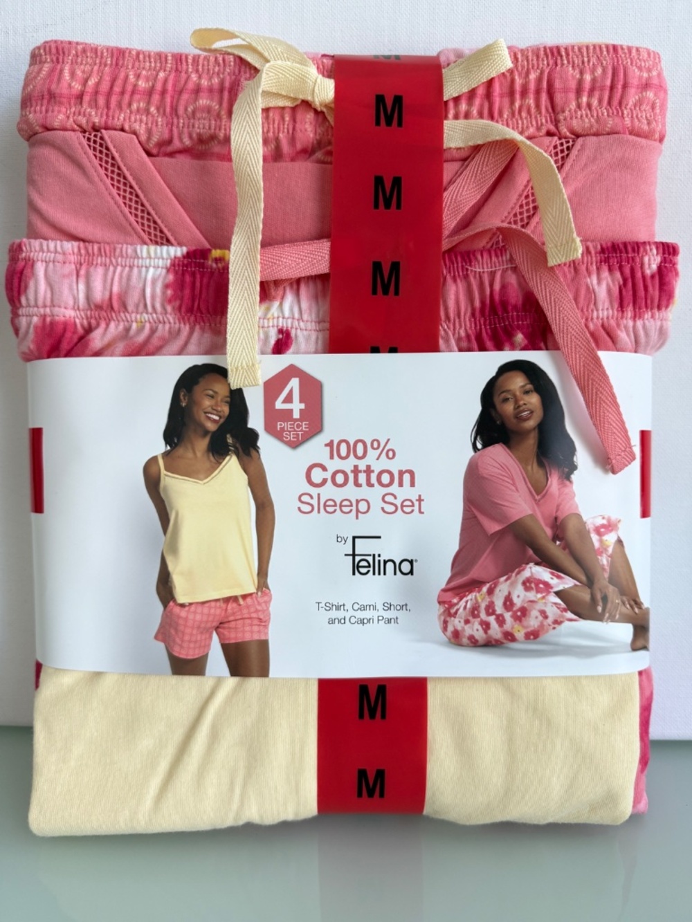 Felina 4 Piece Cotton Sleep Set Yellow Pink White Pajama Set NWT Size M